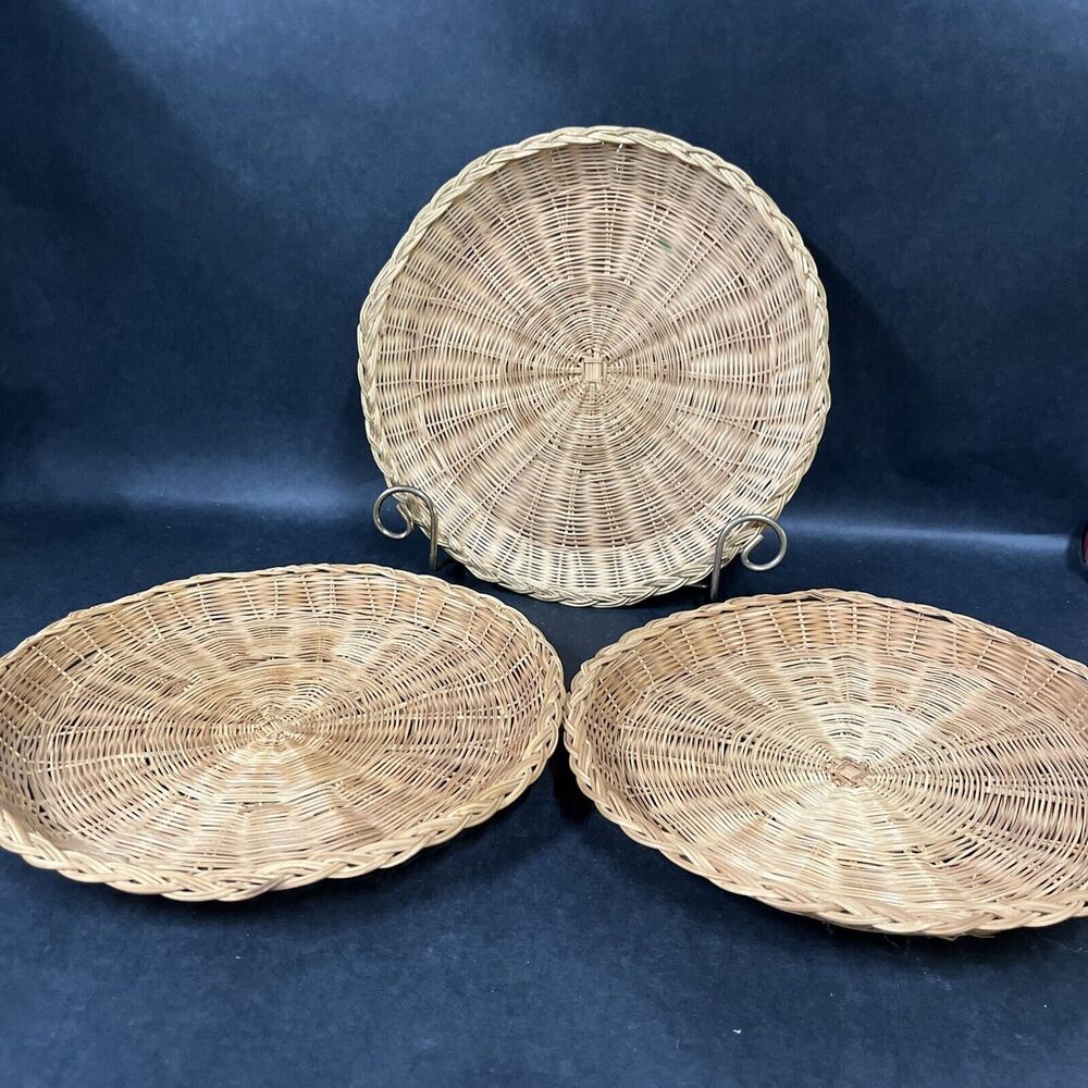 VTG Lot Of 3 Wicker Baskets Circle Trays Plate Holders Wall Decor Kitchen‎ 10"